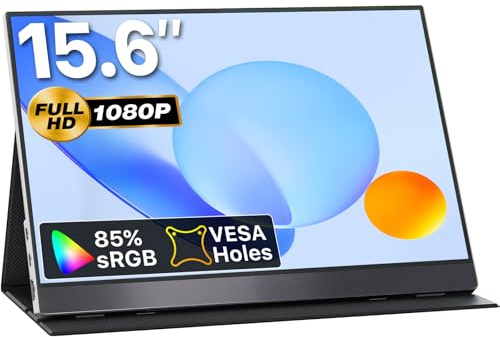 VisionOwl Tragbarer Monitor 15,6 Zoll, 1080P FHD IPS Externer Bildschirm, USB-C & HDMI Mobiler Laptop Monitor mit Smart Cover & Lautsprecher für Mac, PC, PS5, Xbox, VESA montierbar, Schwarz