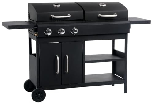 Mokuyary Barbecue combinato a gas e carbone con 3 fuochi Grill con ruote, carrello barbecue per patio, esterno, giardino, campeggio