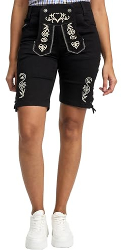 STEIGENHÖFER Trachtenjeans - Lisa – Stretch Shorts Capri Hose im Lederhosen-Look – Trachten Jeans Kurze Hose Damen fürs Oktoberfest - Tracht Lederhose Damenjeans - Schwarz - 44