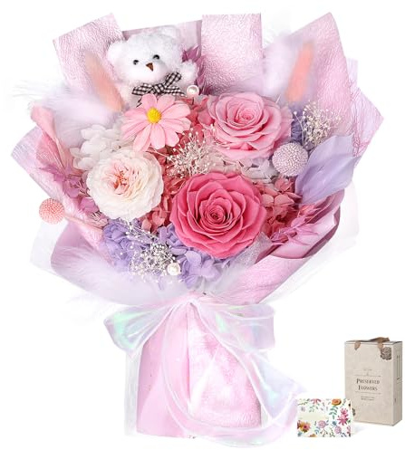 Preserved Flowers with Bear, Sweet Pink Flowers Bouquet, Gifts for Women | Real Flowers for Delivery, Forever Eternal Roses, Gift Box&Card, Birthday Gifts for Mother Girlfriend Her, Anniversary Gifts
