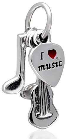YiRong Jewelry Gitarren-Charm, 925er-Sterlingsilber, 'I Love Music', Charm für Pandora-Armband & Co.