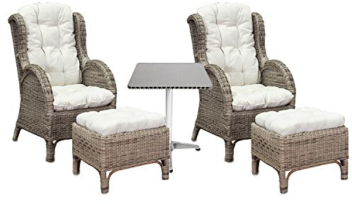 Mojawo Luxus Rattan Set 2 Stück Relaxsessel Korbsessel Rattansessel mit Hocker Ohrensessel mit Fußhocker aus Rattan, inkl. Polster in beige und 1 Stück Bistrotisch Aluminium
