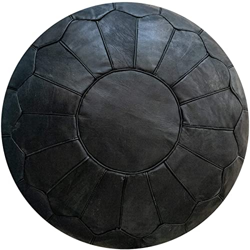 Poufs&Pillows Premium XL Echtleder Pouf - Handgefertigt - gefüllt geliefert - Ottoman Sitzsack Fußhocker Puff (Schwarz)