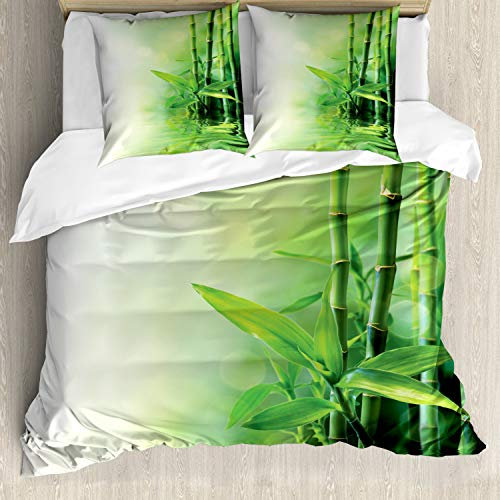 ABAKUHAUS Asiatisch Bettwäsche Set für Doppelbetten, Spa Bambusse Bäume, Weicher Microfaserstoff Allegigeignet kein Verblassen, Grün Blassgelb