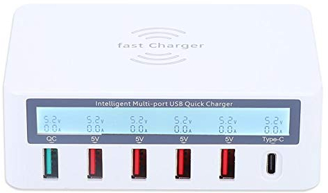 Multi-Port USB Ladegerät, Multi USB Dockingstation Wireless mit QC 3.0 und LCD-Display Desktop Schnellladegerät for Smartphone, Tablet, PC