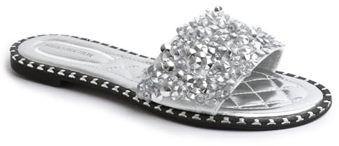 Fashion Thirsty Womens Ladies Flat Low Heel Diamante Sandals Slip On Party Wedding Bling Sliders Slides Beach Pool Holiday Travel Sandals Silver Metallic