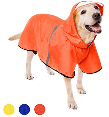 Hunde Regenmantel Regenjacke mit Kapuze & Kragenloch & Reflektierender Streifen wasserdichter Hundemantel für mittelgroße große Hunde 4XL Orange