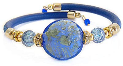 VENEZIA CLASSICA Damen-Armband aus Muranoglas mit Blattgold und Leder, Kollektion tuscany, Blau