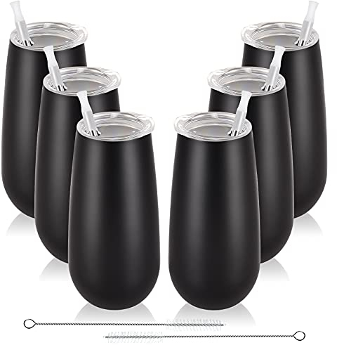 Lot de 6 flûtes à champagne isothermes sans pied de 177 ml – Gobelets à cocktail incassables avec couvercle, cadeau pour famille, amis, Noël, anniversaire (noir)