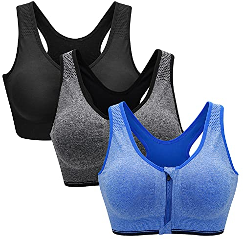 ZOEREA Sports BH Damen Push Up Zip Front, 3er Pack Impact Yoga Bra Schwarz Grau und Blau,4XL
