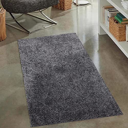 carpet city Shaggy Hochflor Teppich - 80x150 cm - Anthrazit - Langflor Wohnzimmerteppich - Einfarbig Uni Modern - Flauschig-Weiche Teppiche Schlafzimmer Deko