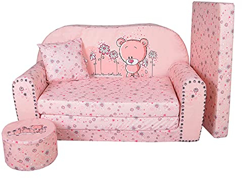 FORTISLINE - Kindersofa ausklappbar 100x60x50 cm - Kindersofa für Kinder 2in1 - Kindercouch ausklappbar - 2-Sitzer - Schlafcouch aus Schaumstoff + Hocker + Kissen - Viele Motive