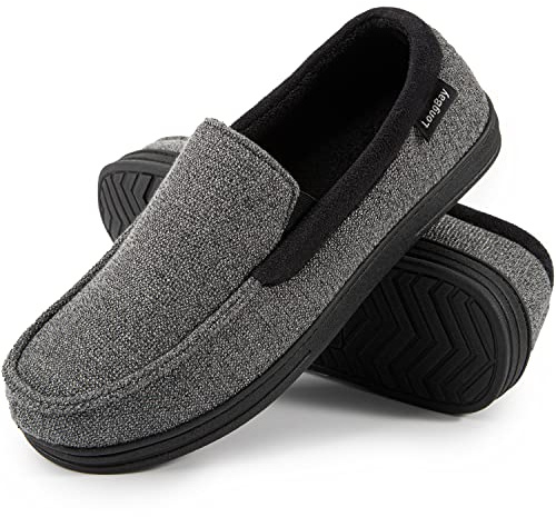 LongBay Men's Moccasin Slippers Memory Foam Plush Fleece House Shoes in Indoor Outdoor Light grey 7 UK