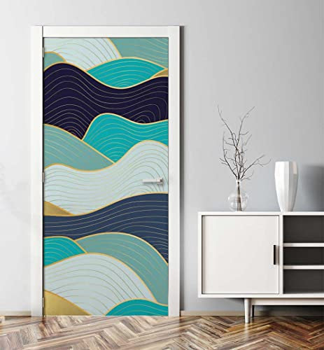 MyMaxxi - Tür bekleben mit Türtapete Türposter Türfolie Selbstklebend 90x200 blau Gold minimalistische Wellen - Tür verschönern Türaufkleber Türklebefolie Meer Unterwasser blau