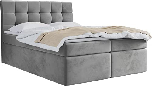 WFL GROUP Boxspringbett mit Bettkasten 120x200 140x200 160x200 180x200 200x200 Doppelbett Gepolstert Bett Mit Matratze und Topper - Stauraumbett mit Kopfteil - Hell Grau Samt - 180 x 200 cm