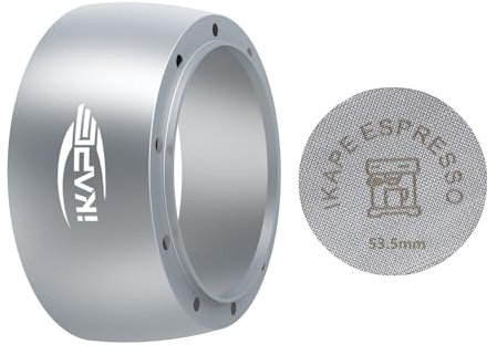 IKAPE Magnetisches Dosiertrichter-Set, 53 mm Espresso-Dosierring und Puck-Sieb-Set, kompatibel mit DeLonghi 54 mm bodenlosen Siebträger – mit 8 kleinen Magneten (Silber)