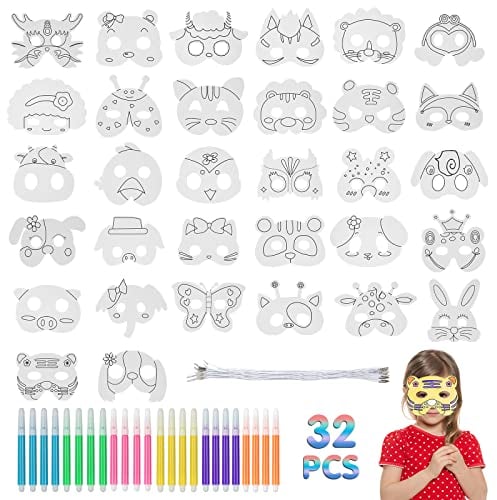 Tiermasken für Kinder, 32 Stück Tiermasken Cosplay Party Masken mit 32 Bungee-Strings und 24 Farbigen Aquarell-Pinsel, DIY Papier Ausmalen Blanko Bemalen Masken, für Halloween Weihnachten Geburtstag