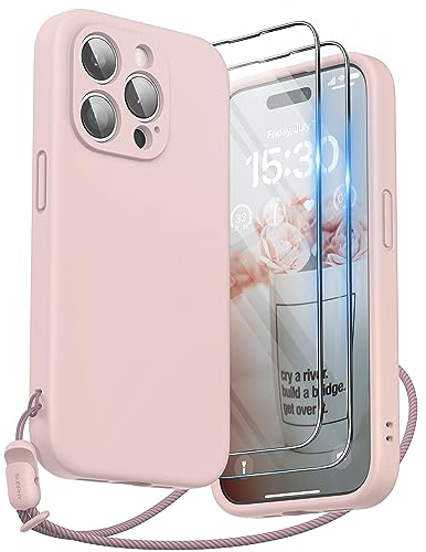 SURPHY kompatibel mit iPhone 15 Pro Hülle Silikon mit Band & Displayschutzfolie 6,1 2023, Handyhülle iPhone 15 Pro Case mit Kameraschutz, iPhone 15 Pro Schutzhülle, Rosa
