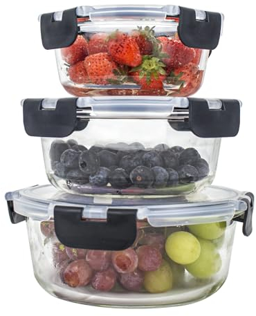 HOUSZY Round Glass Meal Prep Containers with Leak-Proof, Snap-Lock Lids - Pack of 3, BPA-Free, Glass Lunch Boxes that are Microwave, Oven & Dishwasher Safe