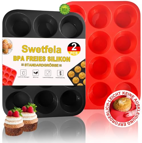 Swetfela 2 Pièces Moule Muffin,12 Grille Moule a Muffin 29.2x22x3 cm,Réutilisable de Qualité Alimentaire Moule Muffins Silicone,Anti-Collage Moule Cupcake pour Muffins,Cupcakes,Brownies,Pudding
