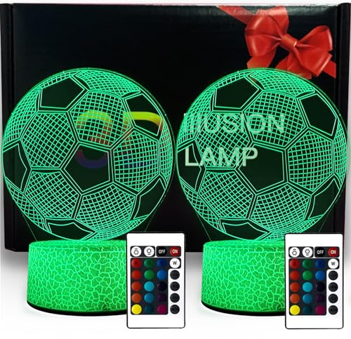ZQX Fussball Geschenke Jungen, 2 Stück 3D Optische Täuschung Fußball LED Deko Lampe Akku, 16 Farben mit Fernbedienung, 3D Nachtlicht Kinder Geschenke für Geburtstag Weihnachten und Neujahr