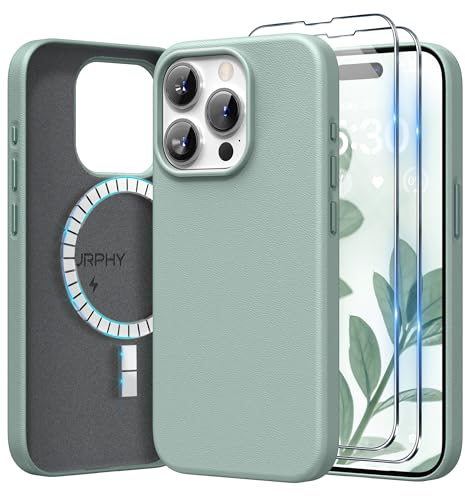 SURPHY Faux Leather Case for iPhone 15 Pro Max Case with Screen Protector, Premium PU Leather Compatible with MagSafe [Metallic Buttons] Cover for iPhone 15 Pro Max 6.7 inch, Mint Green