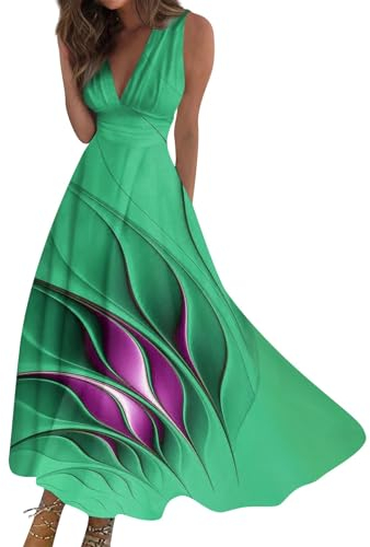 Vasreyy Boho Kleider Damen SommerStrandkleider Sommer Konfirmation Outfit Mutter Mode Bedrucktes V-Ausschnitt Ärmellos Maxi Kleid Kaftan Große Größen Mexikanisches(XL,Grün