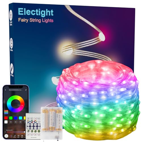 Bunt Lichterkette Außen, 15M Wasserdicht RGB Smart IC Lichterschlauch mit Batterie, APP/Fernbedienung Steuerung, mit Timer, Musik Sync, Anti-Verwicklungs, für Garten Balkon Party Weihnachten Hochzeit