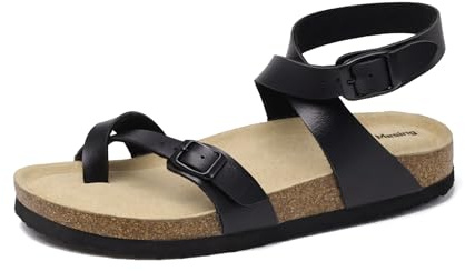 Mesing Sandales Tongs Femme Été Plates en Liège Mules avec Boucle Bride de Cheville Nu-pieds Confortable Cuir Suédé Pantoufles XZH12-Black-EU41