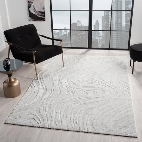 VIMODA Teppich Wohnzimmer Teppich Schlafzimmer 3D Effekt modern Weich kurzflor Wellenmuster Qualitativ,Farbe:Grau;Maße:Ø 160 cm Rund