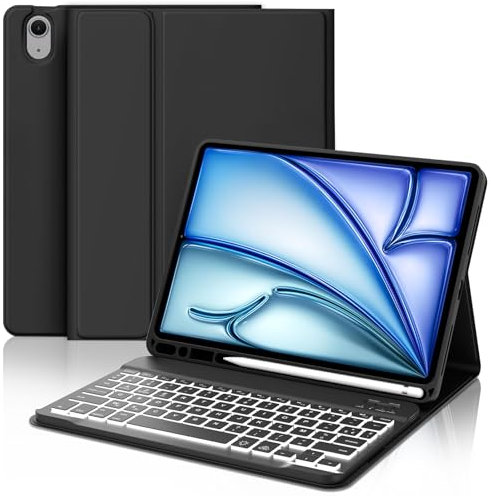 JADEMALL Clavier pour iPad Air 11 Pouces M2/M3 2024/2025, AZERTY Français Clavier Rétro-éclairé Bluetooth Magnétique Détachable avec Fente pour Stylo pour iPad Air 11 M2/M3, Noir