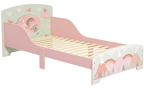 ZONEKIZ Lit pour Enfant lit au Sol Enfant 3-6 Ans avec barrières de sécurité et Motifs dim. 77 x 143 x 60 cm sommier à Lattes Inclus - Rose