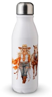 MAXIKIWI - Single Wall Water Drinking Bottle with Screw Cap, Non Insulated Lightweight Aluminium, BPA Free, Leak-Proof - Cowgirl Best Friend - 500ml