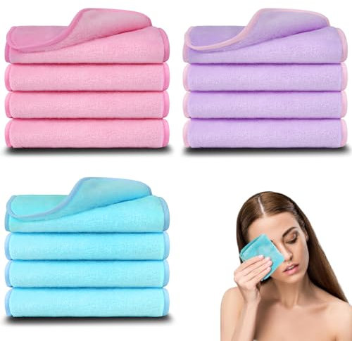 Lumeclat Lot de 12 lingettes en microfibre, Ultra douces, réutilisables pour le nettoyage du visage, tissu démaquillant, hypoallergénique et lavable,pour le nettoyage du visage(Bleu,Rose clair,Violet)