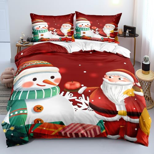 YASMENG Bettwäsche Weihnachten 200x200 Weihnachts Rot Weiß 3D Weihnachten Bettwäsche Weich Christmas Bettwäsche 3 Teilig für Jugendliche Jungen Kinder mit Reißverschluss und 2 Kissenbezüge 80x80 cm