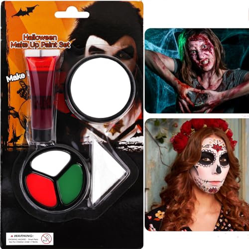 Maquillaje de Halloween Kit de Pintura Cuerpo Verde Blanco y Rojo, Sangre Falsa Halloween Maquillaje de Efectos Especiales, Duradero, Pintura Corporal de Maquillaje para Halloween, Fiestas, Carnavales