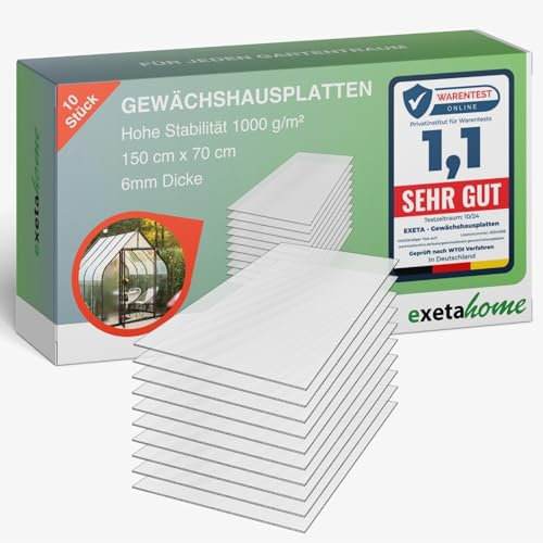 Exeta 10x Gewächshausplatten 6mm I Polycarbonat Hohlkammerplatten für Gewächshäuser I PC Doppelstegplatten UV-beständig & bruchsicher I für Garten, Frühbeet uvm I 70cm x 150cm I Transparent