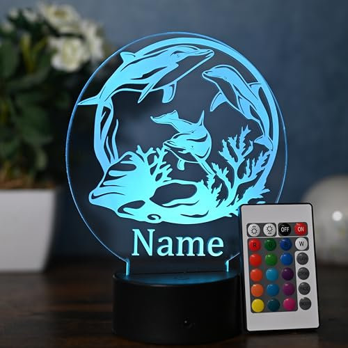 Optechvisual Personalisierte LED Delfin Lampe – Geschenk für Delfin-Liebhaber – Dimmbares Nachtlicht mit Fernbedienung – Dekoration für Zuhause