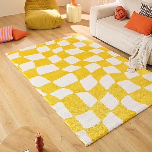Nazar Tapis Groovy, Coloré, Vintage, Rétro, Géométrique, Orange, Jaune, Rose, Rouge, Moelleux et Confortable, Tapis Salon (383 Jaune, 120x160 cm)