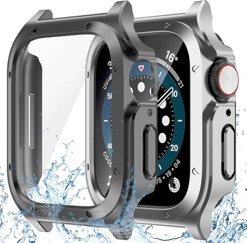 Dilhvy Custodia impermeabile per Apple Watch Series 6 5 4 SE 44 mm Protezione schermo Bumper Design unico Protezione completa con vetro temperato PC Custodia protettiva per iWatch (acciaio al titanio