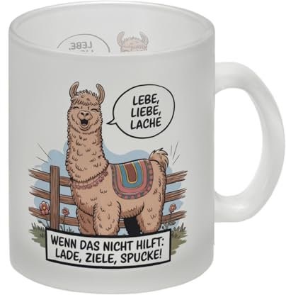 Lachendes Lama - Lebe liebe lache Glas Tasse Lade, Ziele, spucke Glas Tasse Comic-Motiv wolliges Lama bunte Satteldecke - Lade deinen Tag auf