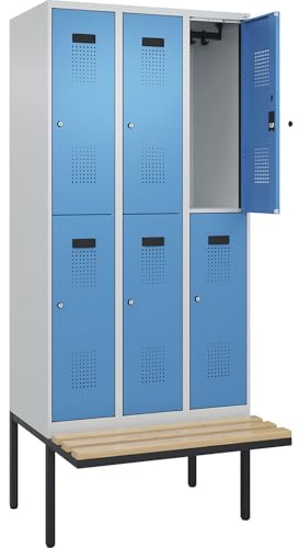 kaiserkraft | Doppelstock-Spind Evolo Plus Sitzbank | 3 Abteile | lichtgrau/lichtblau | B 900 mm | Zylinderschloss | mit auskragender Sitzbank | Buche