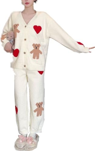 Silver Basic Pigiama Donna Invernale Caldo Set Pigiama in Pile Due Pezzi Felpato Pigiama Little Bear Sleepwear Sets Morbido e Soffice,Bianco-1