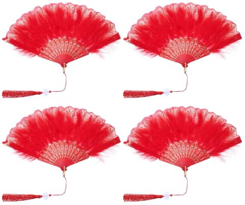 PATIKIL Embroidered Flower Marabou Feather Fan, 4 Pack 1920s Vintage Folding Handheld Fan Chinese Flapper Hand Fan for Costume Party Dancing Wedding Show Tea Decoration, Red