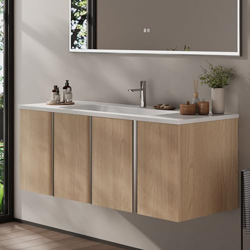 BRIDGE BENO Badmöbel Set mit Waschbecken & Unterschrank | Waschtisch 120 cm, 4 Türen mit Soft-Close | Badezimmer Komplettset (Golden Sand)