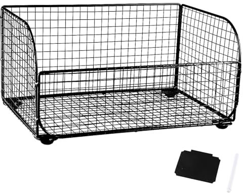 Xbopetda Metal Wire Snack Organizer With Blackboard & Pen - Kitchen Pantry Storage Container for Countertop, Bar Station (Black)