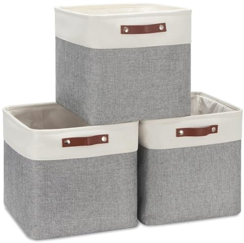 VIIHTYISA Aufbewahrungsbox Stoff 33x38x33cm, 3er-Set Würfel-Aufbewahrungskörbe für Schrank, Regal, und Kleidung, Grau&Weiß
