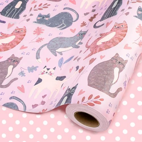 Wikadlik Rosa Geschenkpapierrolle, 43 cm x 10 m, schöne Katzen und Punkte, romantisches Geschenkpapier für Valentinstag, Hochzeit, Geburtstag, Braut