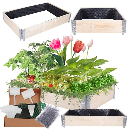 MODO24 Hochbeet Holz mit Noppenfolie, Blumenkasten20x120x80 cm, Natur | Robustes Kräuterbeet & Gemüsebeet aus Kiefernholz, Dekorativer Pflanzkasten & Blumenbeet für Garten, Balkon & Terrasse