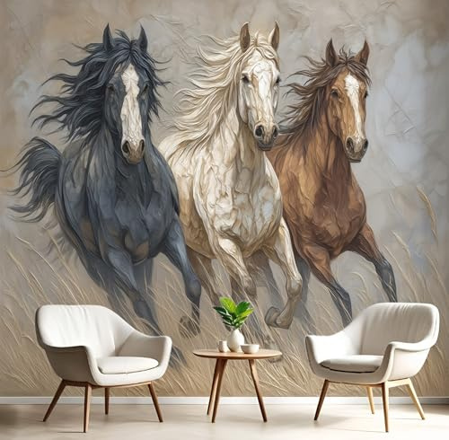 Murales Papel Pintado Salon Estilo Pintura Al Óleo 150 × 105 cm Fotomurales 3D Patrón Caballo Corriendo Sobre Hierba Tejido Papel Tapiz Fotográfico Decorativos Dormitorio Oficina,Negro